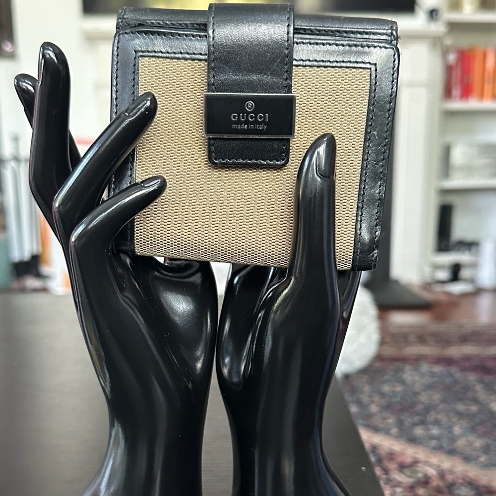 Gucci Dark Leather and tan canvas wallet Card Holder with branded snap closure